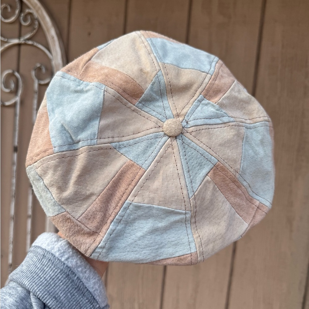 Vintage suede Patchwork Beige Blue Women's Hat pageboy - Picture 3 of 10